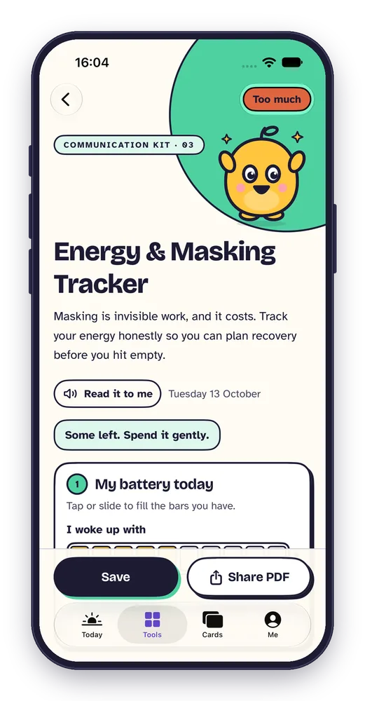Energy and masking tracker showing a battery level and where energy went today.