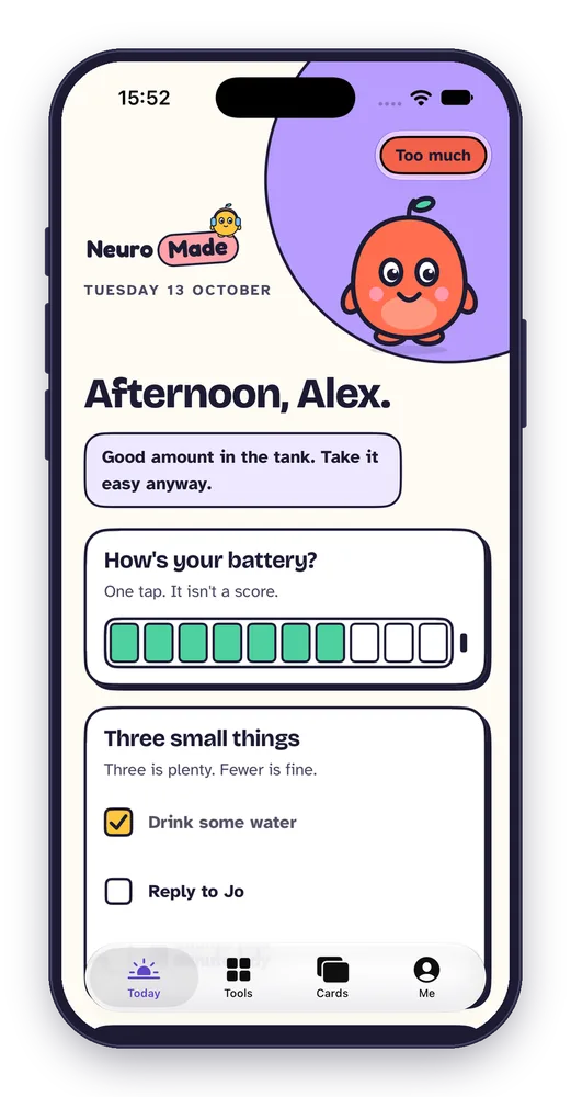 NeuroMade Today screen showing a battery check-in and three small things, with Kip.