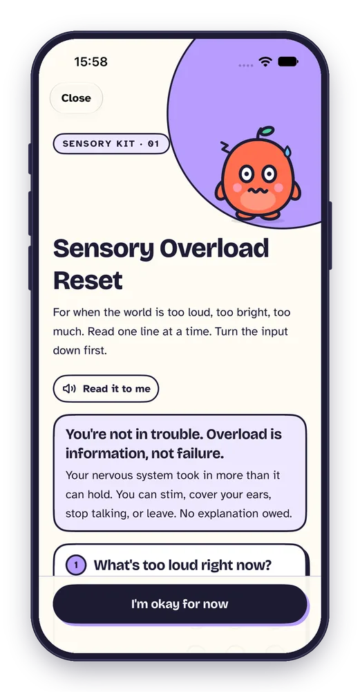 The Sensory Overload Reset, opened from the Too much button, with Kip looking overwhelmed.