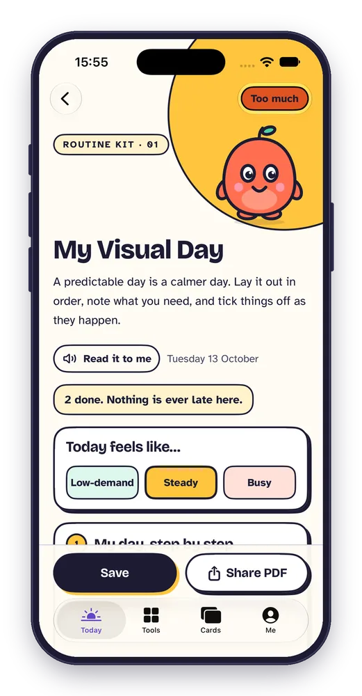My Visual Day screen with the day laid out in order and things ticked off.