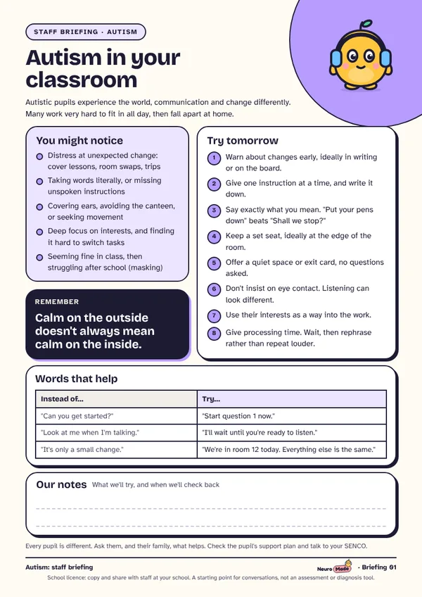 Autism in your classroom staff briefing card.