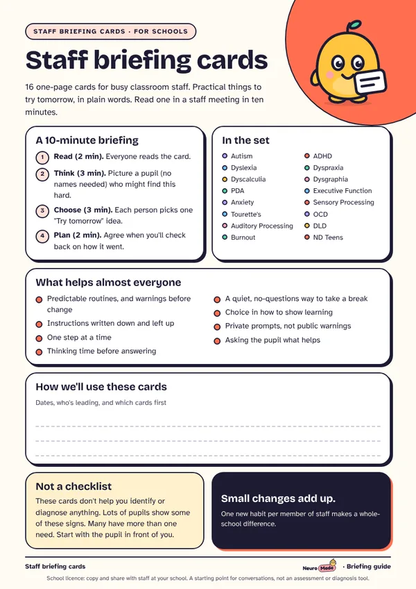Staff briefing cards guide, with a ten-minute briefing plan.