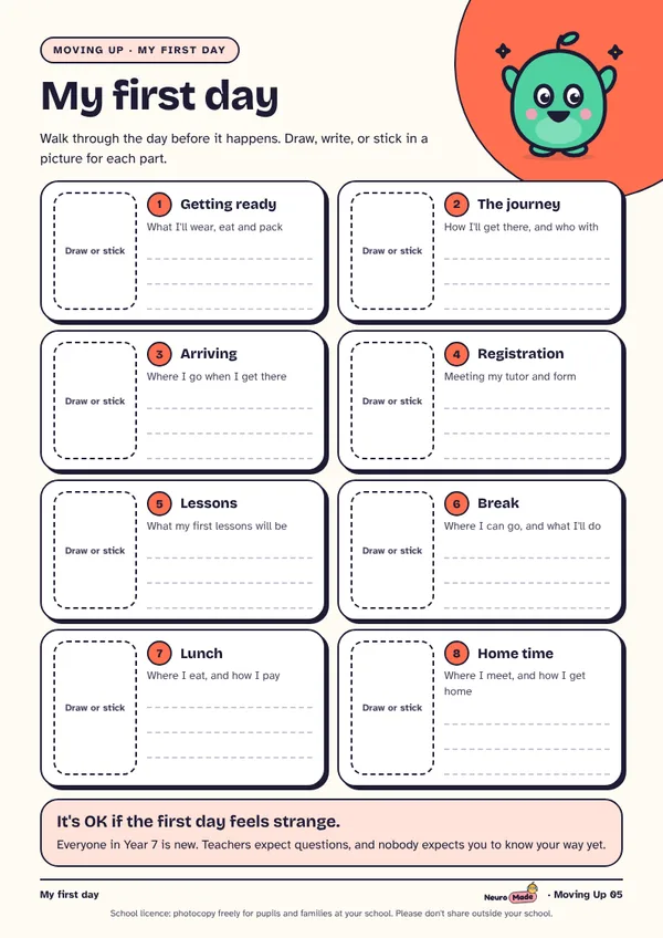 My first day page: eight steps to draw or write, from getting ready to home time.