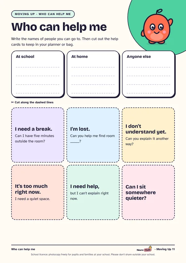Who can help me page, with six cut-out help cards.